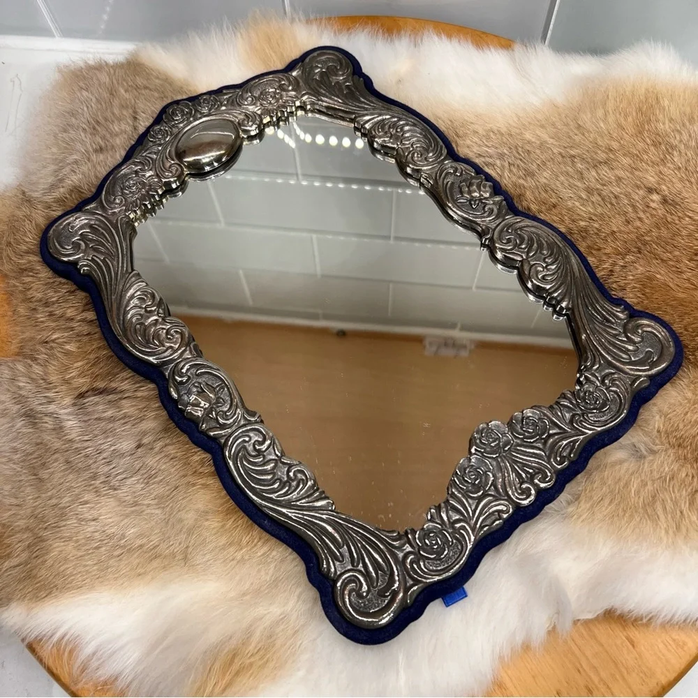 Vintage Victorian Style Repousse Ornate Silver Plated Mirror Frame Velvet Back